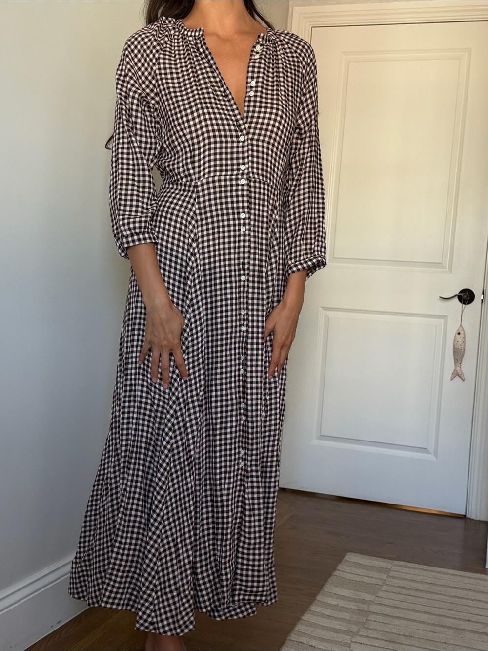 DOEN Gingham Button-Front Maxi Dress in Black and White
